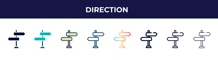 direction icon in 8 styles. line, filled, glyph, thin outline, colorful, stroke and gradient styles, direction vector sign. symbol, logo illustration. different style icons set.