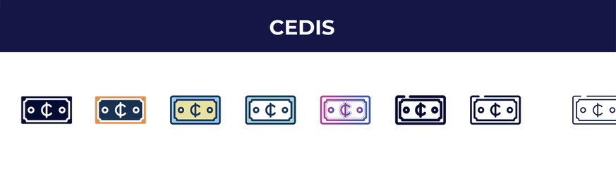 cedis icon in 8 styles. line, filled, glyph, thin outline, colorful, stroke and gradient styles, cedis vector sign. symbol, logo illustration. different style icons set.