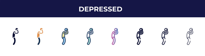 depressed icon in 8 styles. line, filled, glyph, thin outline, colorful, stroke and gradient styles, depressed vector sign. symbol, logo illustration. different style icons set.