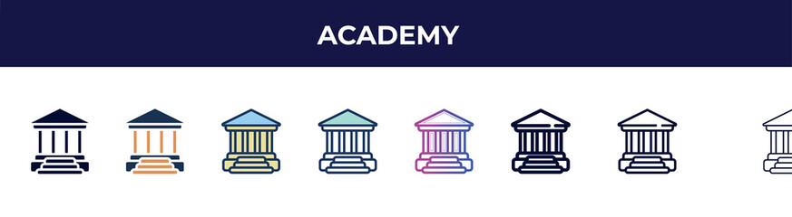 Fototapeta premium academy icon in 8 styles. line, filled, glyph, thin outline, colorful, stroke and gradient styles, academy vector sign. symbol, logo illustration. different style icons set.