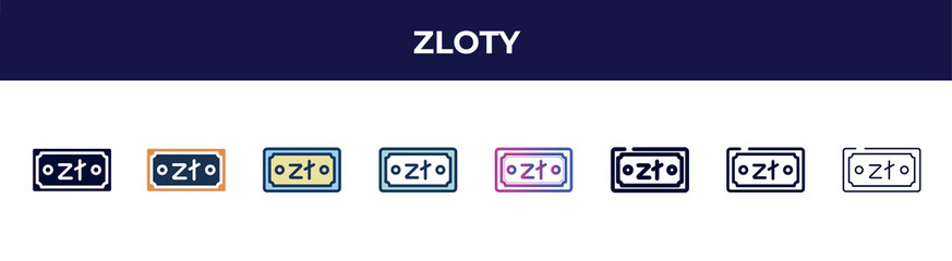 zloty icon in 8 styles. line, filled, glyph, thin outline, colorful, stroke and gradient styles, zloty vector sign. symbol, logo illustration. different style icons set.