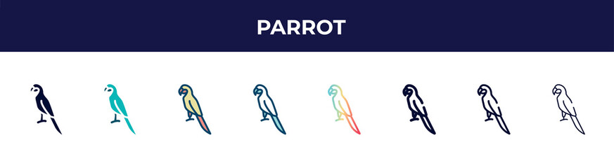 parrot icon in 8 styles. line, filled, glyph, thin outline, colorful, stroke and gradient styles, parrot vector sign. symbol, logo illustration. different style icons set.