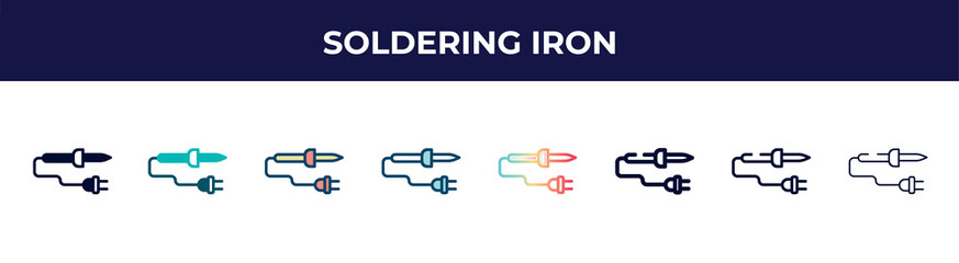 soldering iron icon in 8 styles. line, filled, glyph, thin outline, colorful, stroke and gradient styles, soldering iron vector sign. symbol, logo illustration. different style icons set.