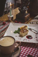 Traditional Georgian sweets and desserts with hazelnuts, walnuts, grape juice, honey, chocolate. Baklava, nakhini, churchkhela. Fresh fruits and candied fruits. Traditional Turkish coffee.