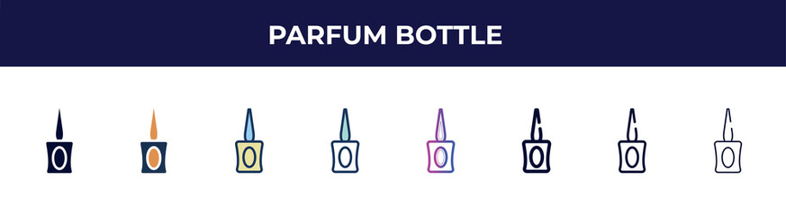 parfum bottle icon in 8 styles. line, filled, glyph, thin outline, colorful, stroke and gradient styles, parfum bottle vector sign. symbol, logo illustration. different style icons set.