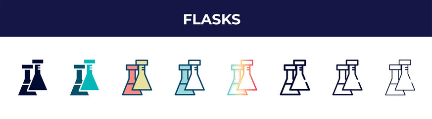flasks icon in 8 styles. line, filled, glyph, thin outline, colorful, stroke and gradient styles, flasks vector sign. symbol, logo illustration. different style icons set.