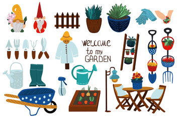 Welcome to my garden colored doodle set with gnomes, table, chair, tools, plants for decoration © Antonina