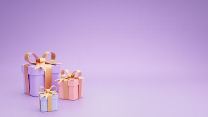 Group of 3D Colorful Gifts with Colorful Ribbons for Birthday or Christmas Celebration in pastel Background.3d render.