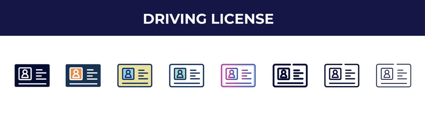 driving license icon in 8 styles. line, filled, glyph, thin outline, colorful, stroke and gradient styles, driving license vector sign. symbol, logo illustration. different style icons set.
