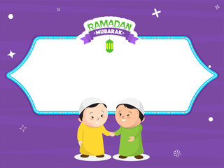 Ramadan Mubarak Poster Design With Muslim Boys Holding Hands Together And Space For Your Text Message On Purple Background.