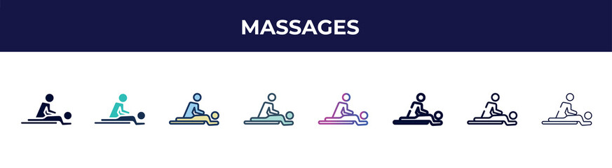 massages icon in 8 styles. line, filled, glyph, thin outline, colorful, stroke and gradient styles, massages vector sign. symbol, logo illustration. different style icons set.