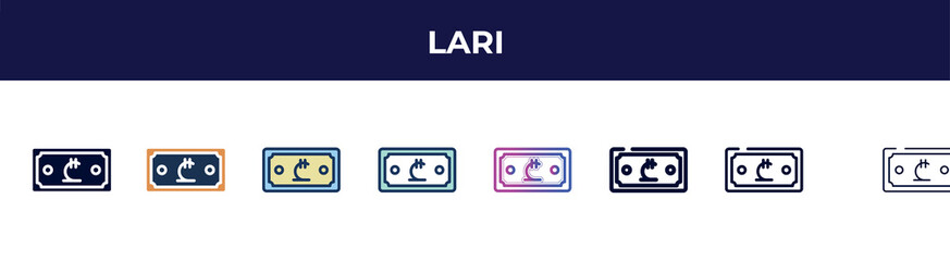 lari icon in 8 styles. line, filled, glyph, thin outline, colorful, stroke and gradient styles, lari vector sign. symbol, logo illustration. different style icons set.