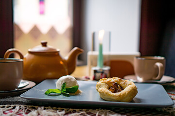 Traditional Georgian sweets and desserts with hazelnuts, walnuts, grape juice, honey, chocolate. Baklava, nakhini, churchkhela. Fresh fruits and candied fruits. Traditional Turkish coffee.