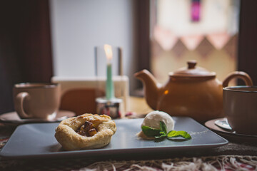 Traditional Georgian sweets and desserts with hazelnuts, walnuts, grape juice, honey, chocolate. Baklava, nakhini, churchkhela. Fresh fruits and candied fruits. Traditional Turkish coffee.