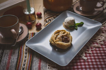 Traditional Georgian sweets and desserts with hazelnuts, walnuts, grape juice, honey, chocolate. Baklava, nakhini, churchkhela. Fresh fruits and candied fruits. Traditional Turkish coffee.
