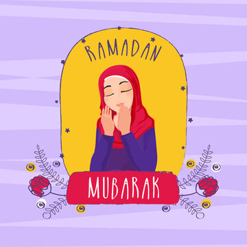 Ramadan Mubarak Font With Islamic Young Woman Offering Namaz (Prayer), Floral Decorated On Orange And Purple Stripes Background.