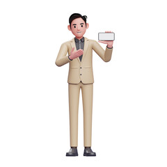 Businessman presenting with a landscape phone screen, 3D render businessman character illustration