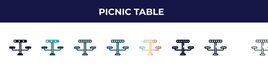 picnic table icon in 8 styles. line, filled, glyph, thin outline, colorful, stroke and gradient styles, picnic table vector sign. symbol, logo illustration. different style icons set.