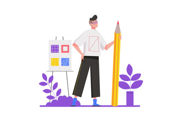 Creative director concept in flat design. Man works in art studio