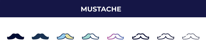 mustache icon in 8 styles. line, filled, glyph, thin outline, colorful, stroke and gradient styles, mustache vector sign. symbol, logo illustration. different style icons set.
