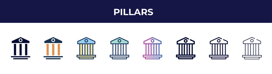pillars icon in 8 styles. line, filled, glyph, thin outline, colorful, stroke and gradient styles, pillars vector sign. symbol, logo illustration. different style icons set.