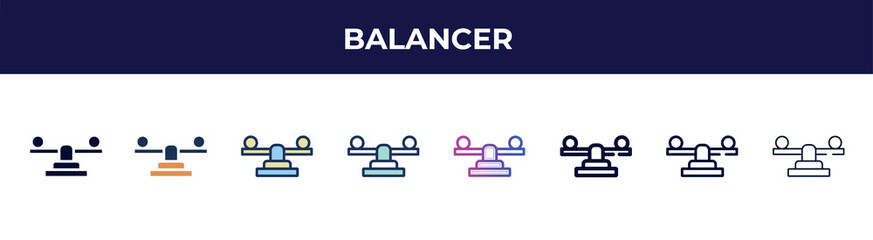 balancer icon in 8 styles. line, filled, glyph, thin outline, colorful, stroke and gradient styles, balancer vector sign. symbol, logo illustration. different style icons set.