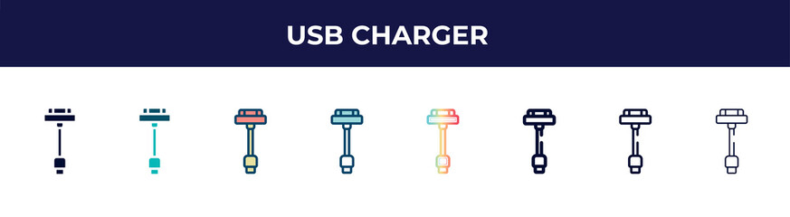 usb charger icon in 8 styles. line, filled, glyph, thin outline, colorful, stroke and gradient styles, usb charger vector sign. symbol, logo illustration. different style icons set.