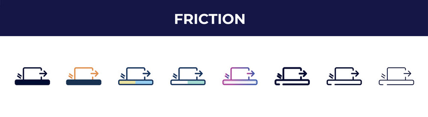 friction icon in 8 styles. line, filled, glyph, thin outline, colorful, stroke and gradient styles, friction vector sign. symbol, logo illustration. different style icons set. - obrazy, fototapety, plakaty