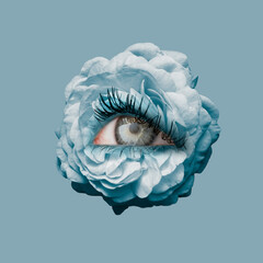 Blue rose flower with an eye inside it on navy background. Modern design. Contemporary art....