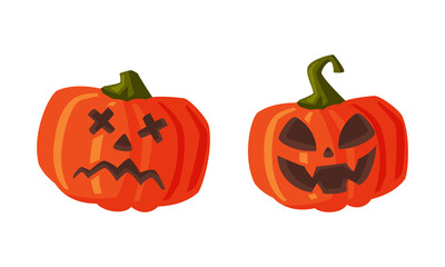 Halloween scary pumpkins with spooky faces. Witchcraft attributes, halloween objects cartoon vector illustration