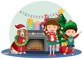 Obraz na płótnie Canvas Children with beagle dog wearing Christmas outfits