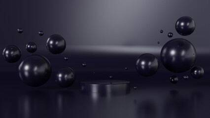 Dark spheres similar to pearls on a dark background 3d render