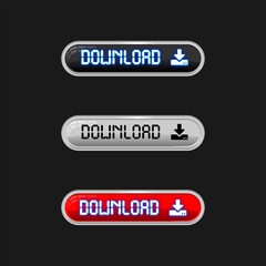 3d button download with neon text vector set