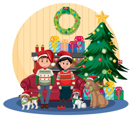 A couple with beagle dog wearing Christmas outfits