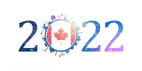 2022 year number with industrial icons around zero digit. Flag of Canada.