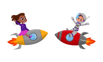 Fototapeta na wymiar Cute children flying on rockets set cartoon vector illustration on white background