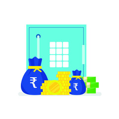 Rupee sign. Rupee bag and rupee stack vector illustration. Money treasure