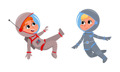 Kids astronauts in space suits floating in outer space cartoon vector illustration on white background