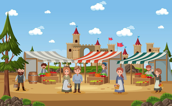 Medieval market scene with villagers