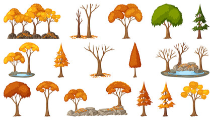 Set of four seasons trees on white background