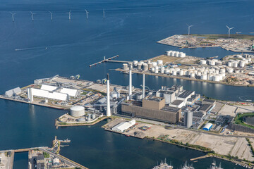 Copenhagen, Denmark - August 21, 2021: Aerial view of Amager Power Station, a biomass-fired power...