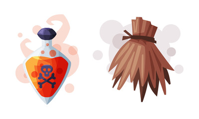 Magical herbs and bottle of red magic potion, witchcraft attributes cartoon vector illustration