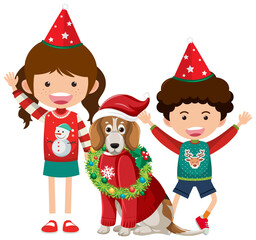 Children with beagle dog wearing Christmas outfits