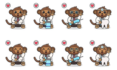 Vector Illustration of Cute sitting Monkey cartoon with Doctor costume and hand up pose. Set of cute little Monkey characters. Collection of funny little Monkey isolated on a white background.