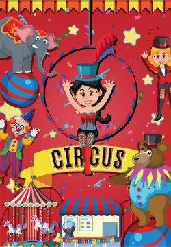 Circus banner design with magician and circus character