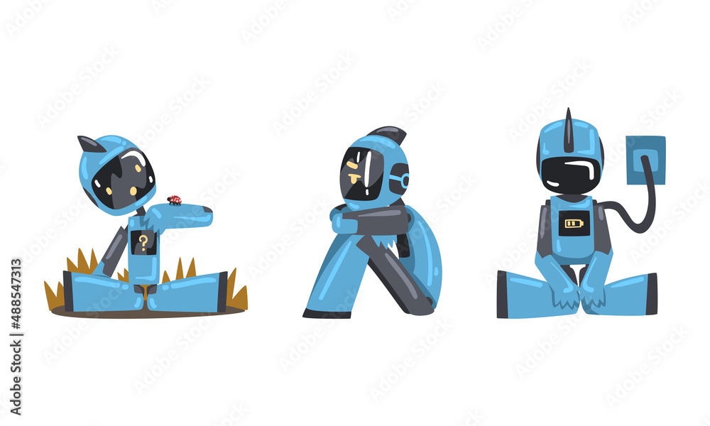 Sticker Cute robots in action set. Artificial intelligence, scientific innovation technologies cartoon vector illustration