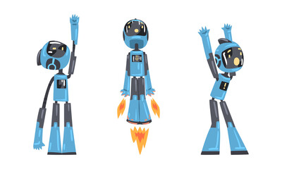Cute funny robot androids in action set. Artificial intelligence, scientific innovation technologies cartoon vector illustration
