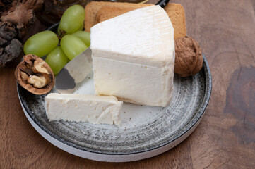 Delice de Bourgogne French cow's milk cheese from Burgundy region of France served with grapes, wine and walnuts