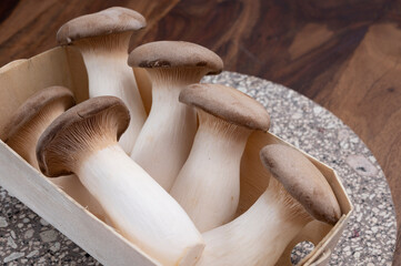 Tasty vegetarian food, fresh organic Pleurotus eryngii king trumpet mushrooms