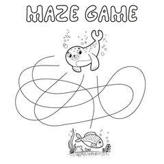 Maze puzzle game for children. Outline maze or labyrinth. Find path game with seal.